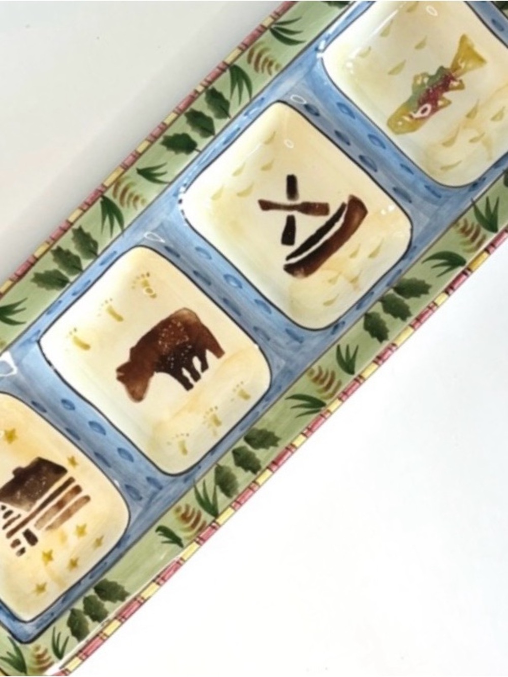 Ceramic Divided Serving Tray Log Cabin Bear Canoe Fish